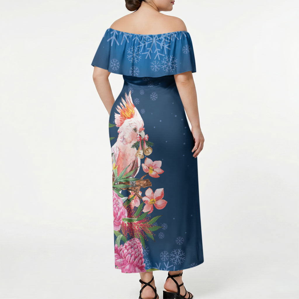 Australia Christmas Pink Cockatoo with Banksia Off Shoulder Maxi Dress Snowy Blue