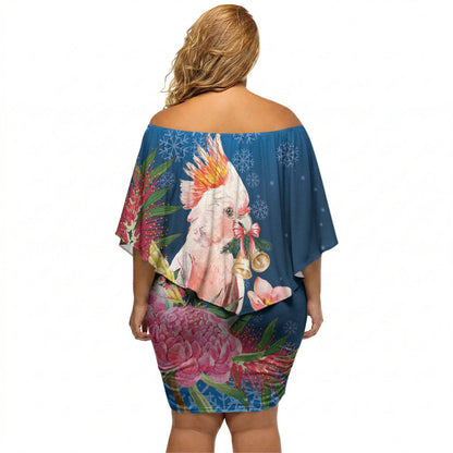 Australia Christmas Pink Cockatoo with Banksia Off Shoulder Short Dress Snowy Blue
