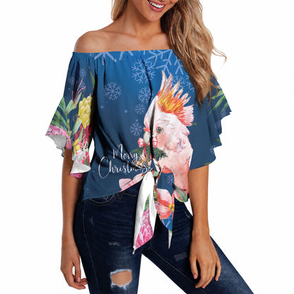 Australia Christmas Pink Cockatoo with Banksia Off Shoulder Wrap Waist Top Snowy Blue