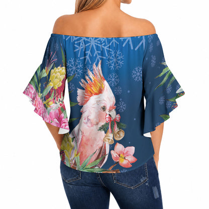 Australia Christmas Pink Cockatoo with Banksia Off Shoulder Wrap Waist Top Snowy Blue