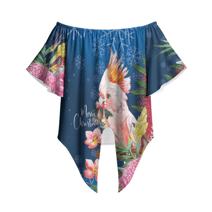 Australia Christmas Pink Cockatoo with Banksia Off Shoulder Wrap Waist Top Snowy Blue
