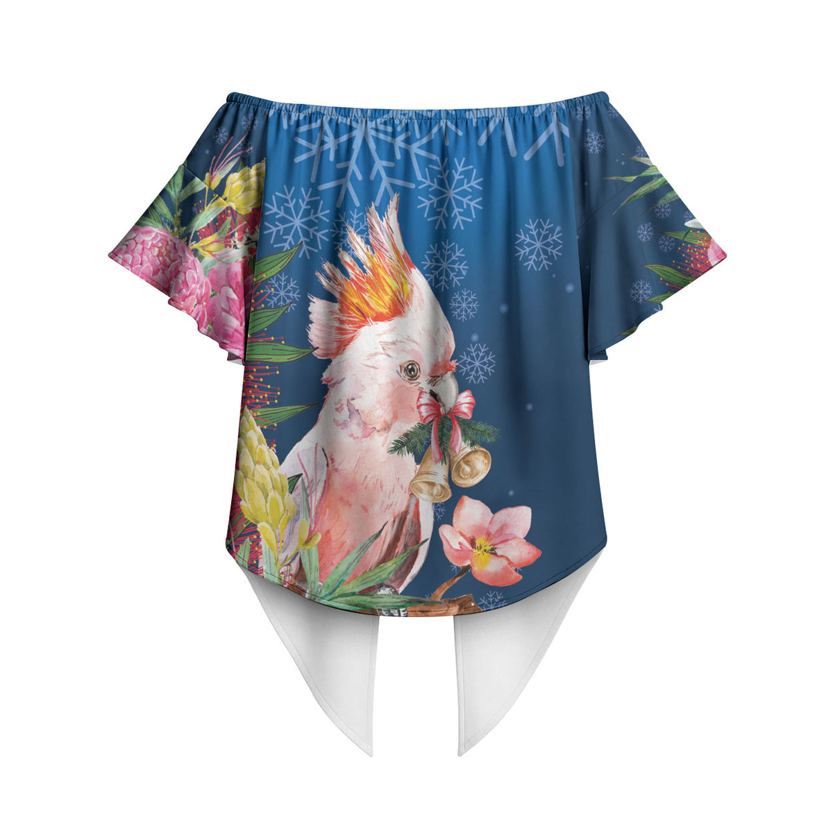 Australia Christmas Pink Cockatoo with Banksia Off Shoulder Wrap Waist Top Snowy Blue