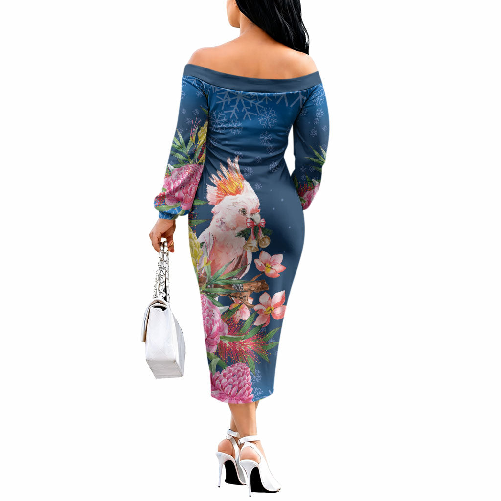Australia Christmas Pink Cockatoo with Banksia Off The Shoulder Long Sleeve Dress Snowy Blue