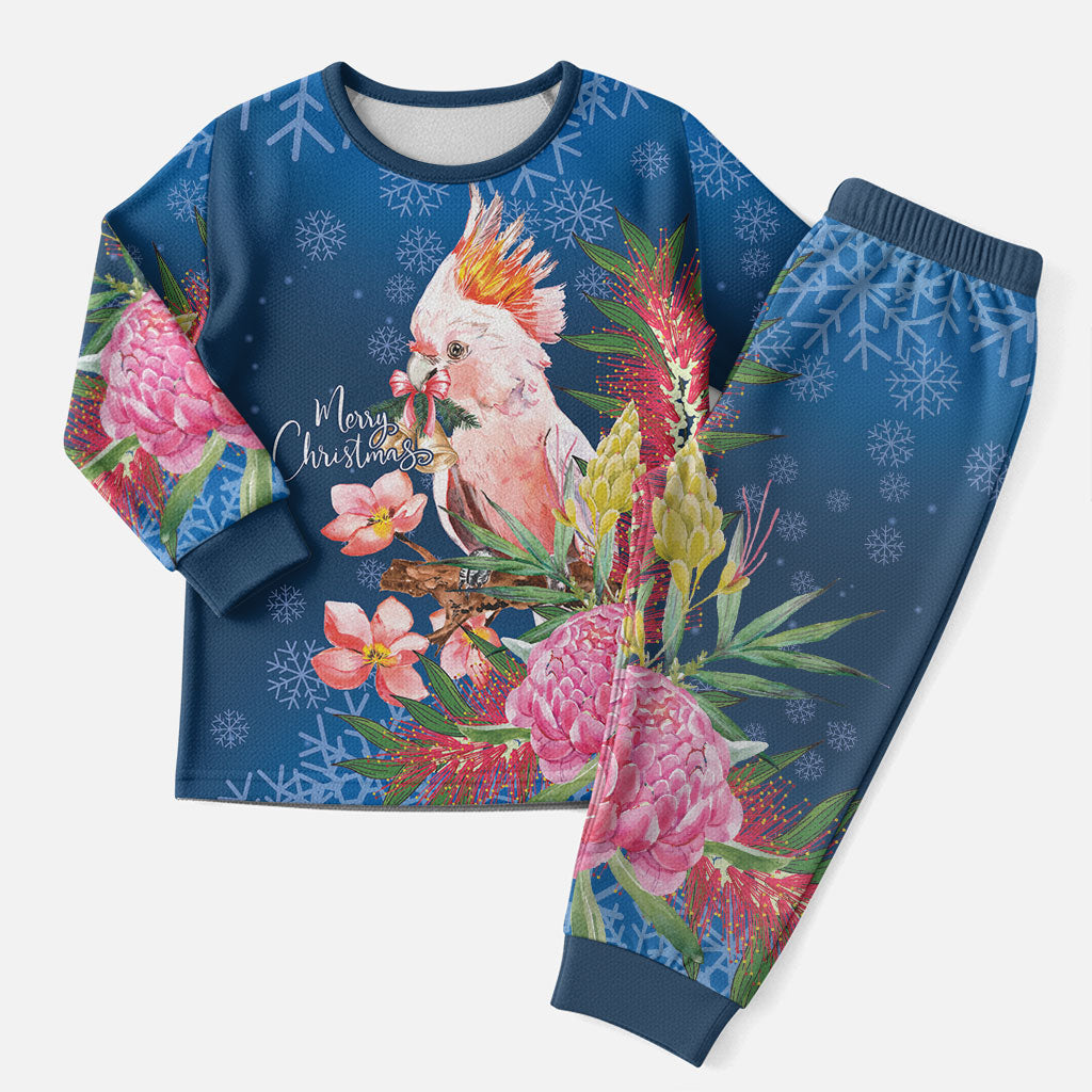 Australia Christmas Pink Cockatoo with Banksia Christmas Pajama Set Snowy Blue