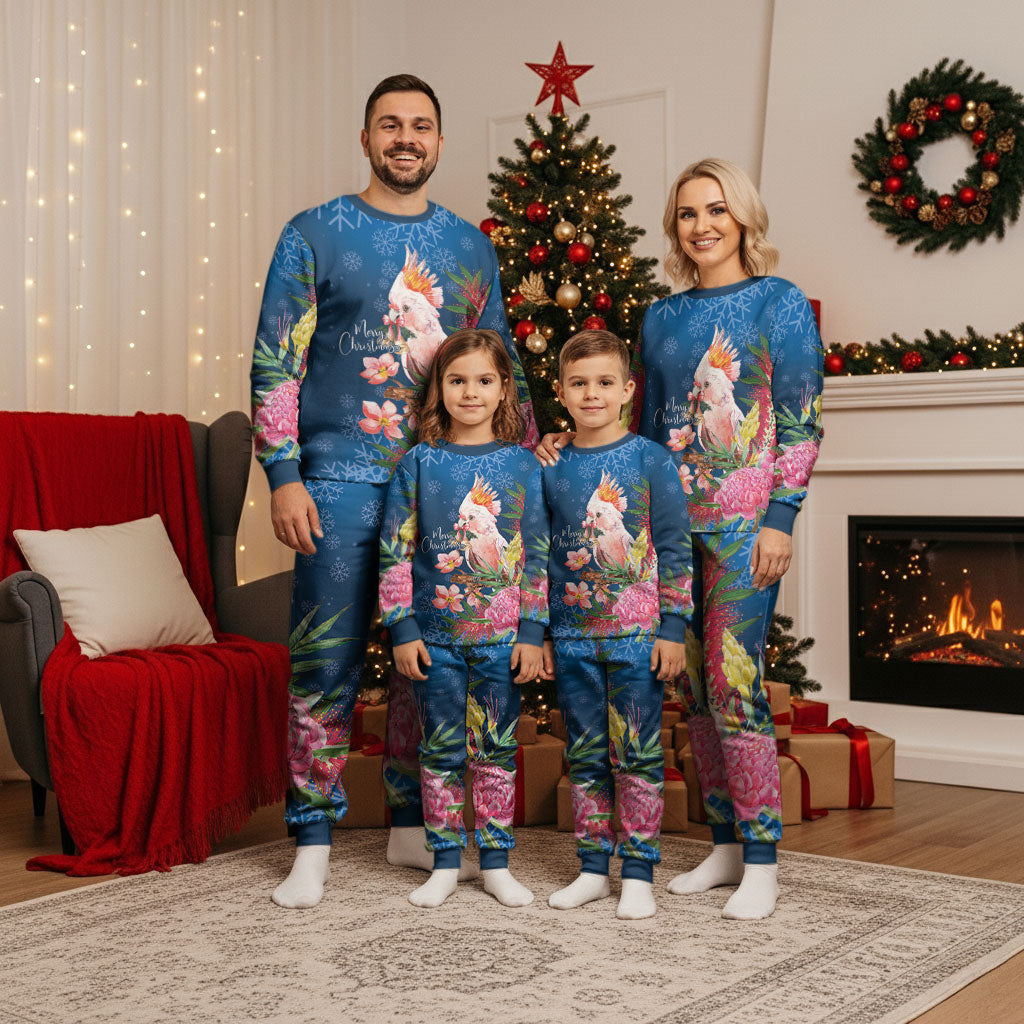 Australia Christmas Pink Cockatoo with Banksia Christmas Pajama Set Snowy Blue