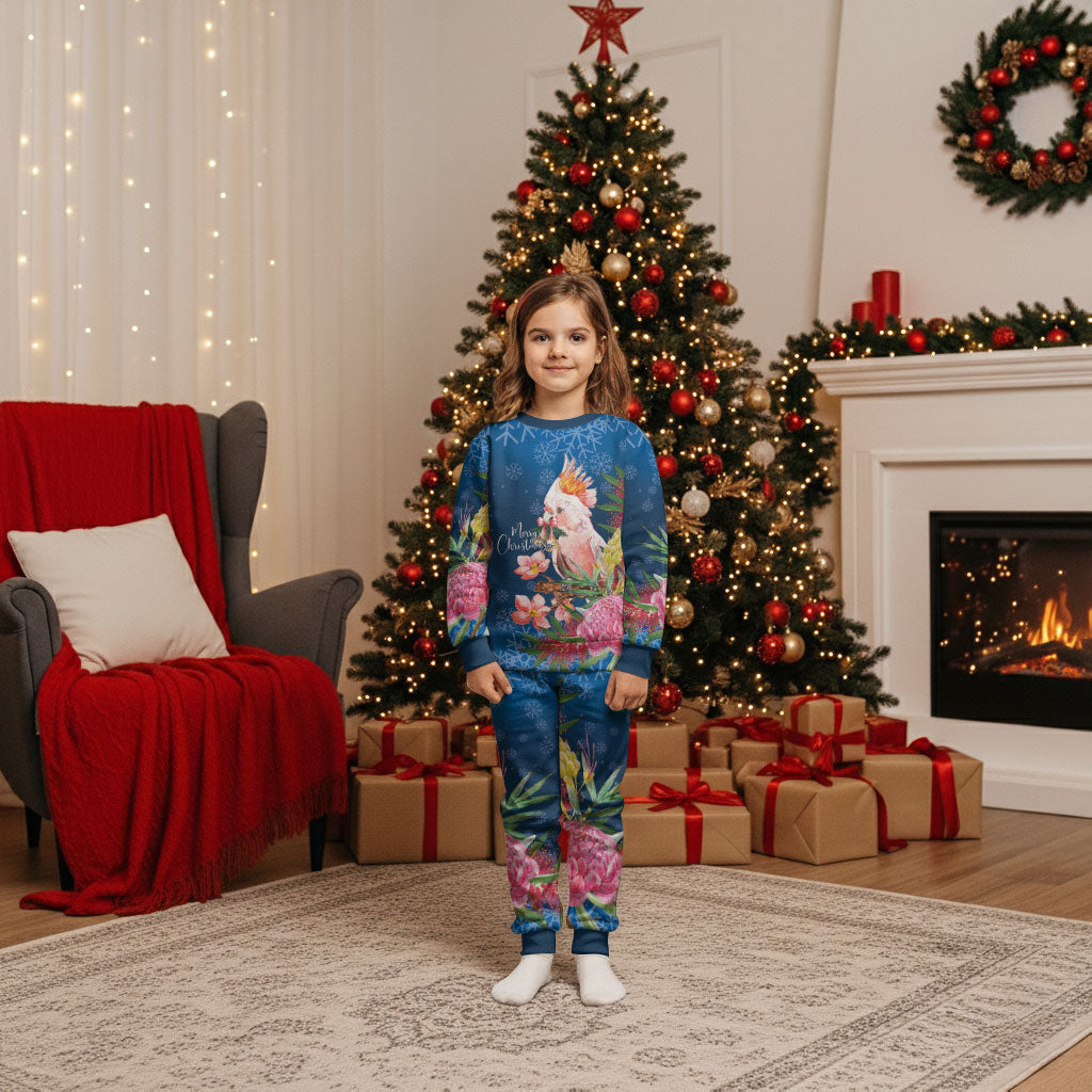 Australia Christmas Pink Cockatoo with Banksia Christmas Pajama Set Snowy Blue