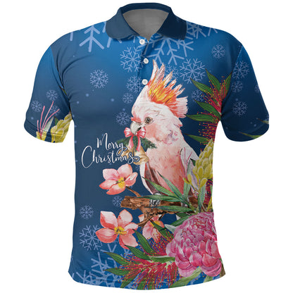 Australia Christmas Pink Cockatoo with Banksia Polo Shirt Snowy Blue
