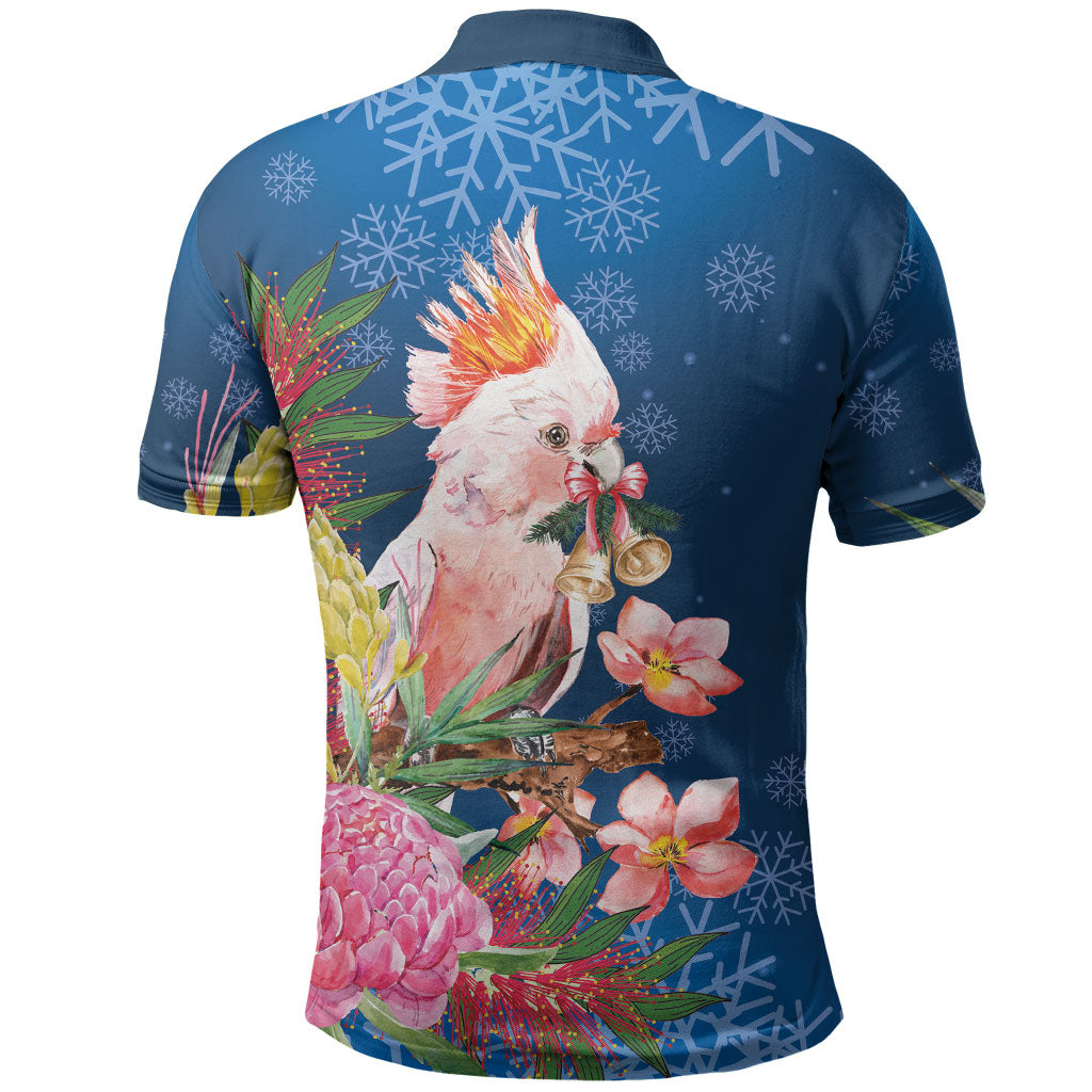 Australia Christmas Pink Cockatoo with Banksia Polo Shirt Snowy Blue