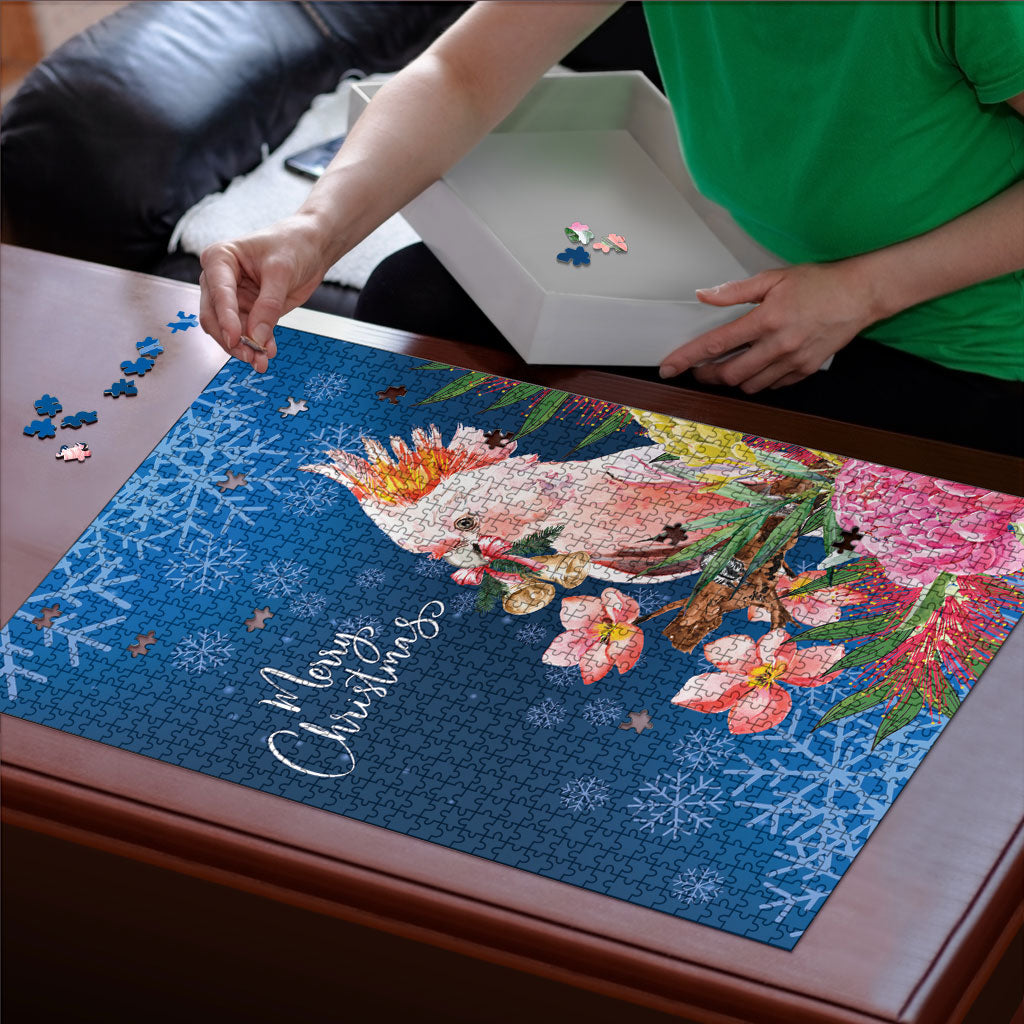 Australia Christmas Pink Cockatoo with Banksia Puzzle Snowy Blue