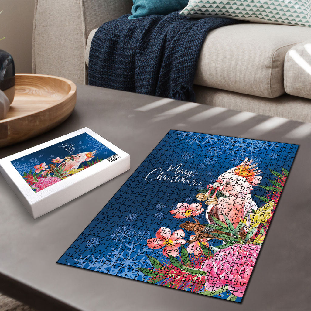 Australia Christmas Pink Cockatoo with Banksia Puzzle Snowy Blue