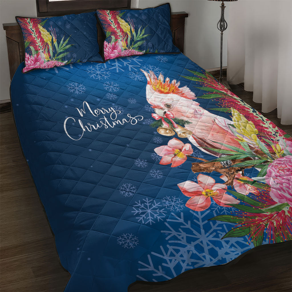 Australia Christmas Pink Cockatoo with Banksia Quilt Bed Set Snowy Blue