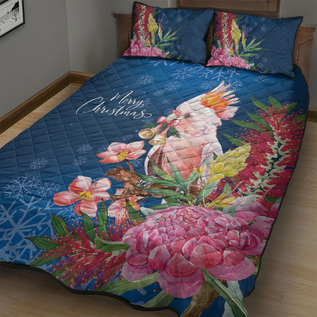 Australia Christmas Pink Cockatoo with Banksia Quilt Bed Set Snowy Blue