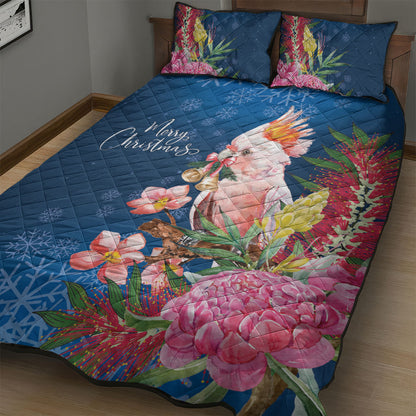 Australia Christmas Pink Cockatoo with Banksia Quilt Bed Set Snowy Blue