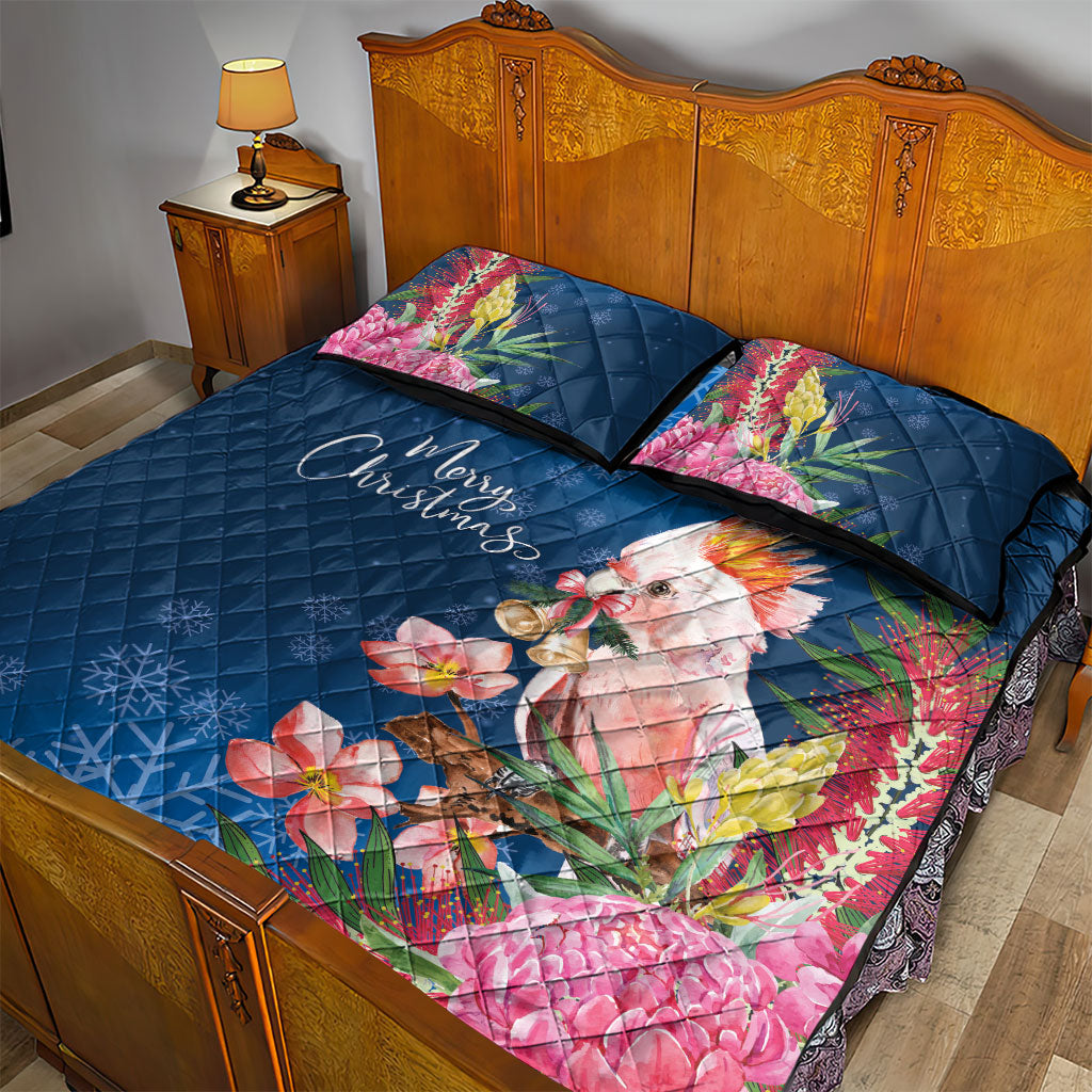 Australia Christmas Pink Cockatoo with Banksia Quilt Bed Set Snowy Blue