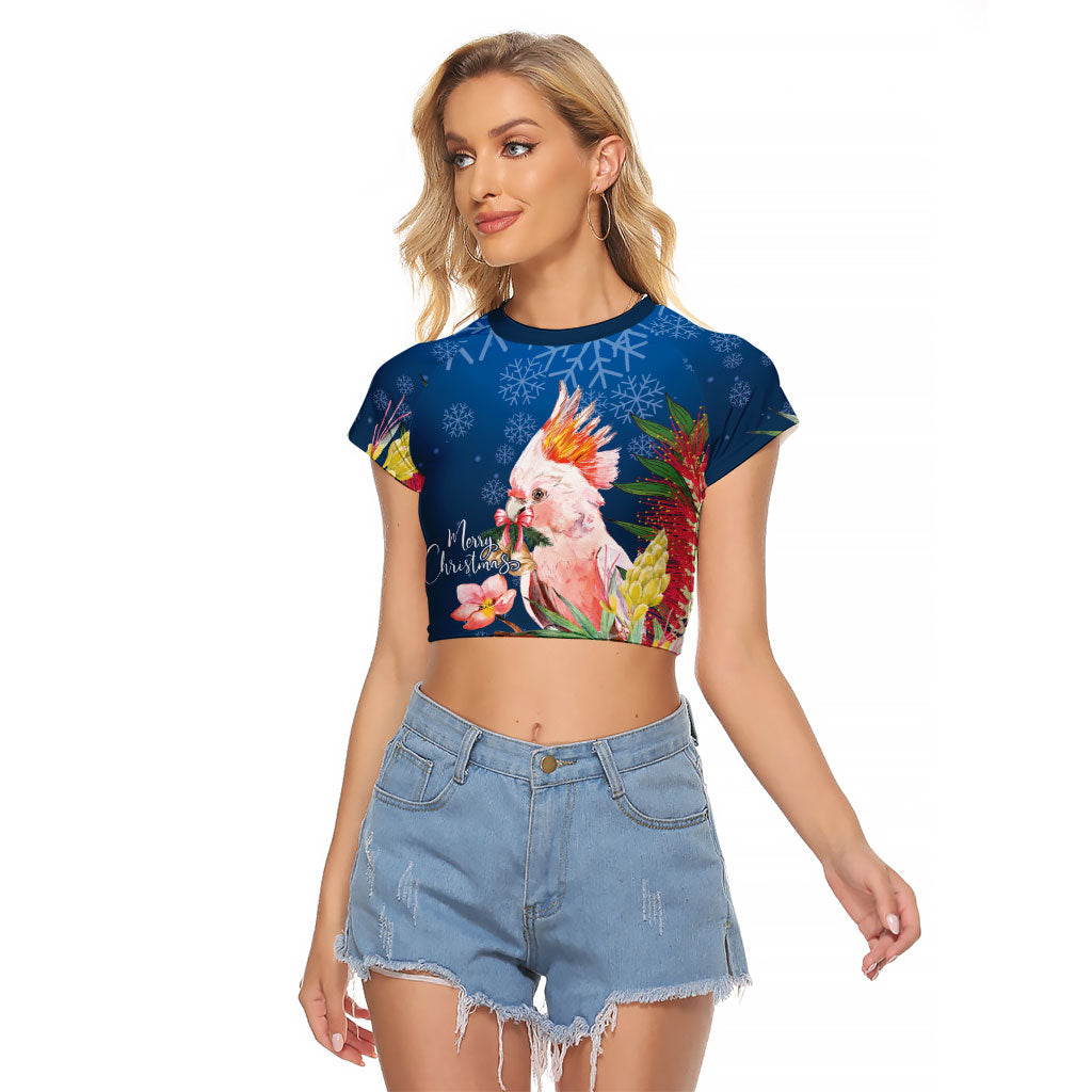 Australia Christmas Pink Cockatoo with Banksia Raglan Cropped T Shirt Snowy Blue