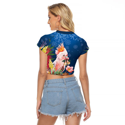Australia Christmas Pink Cockatoo with Banksia Raglan Cropped T Shirt Snowy Blue