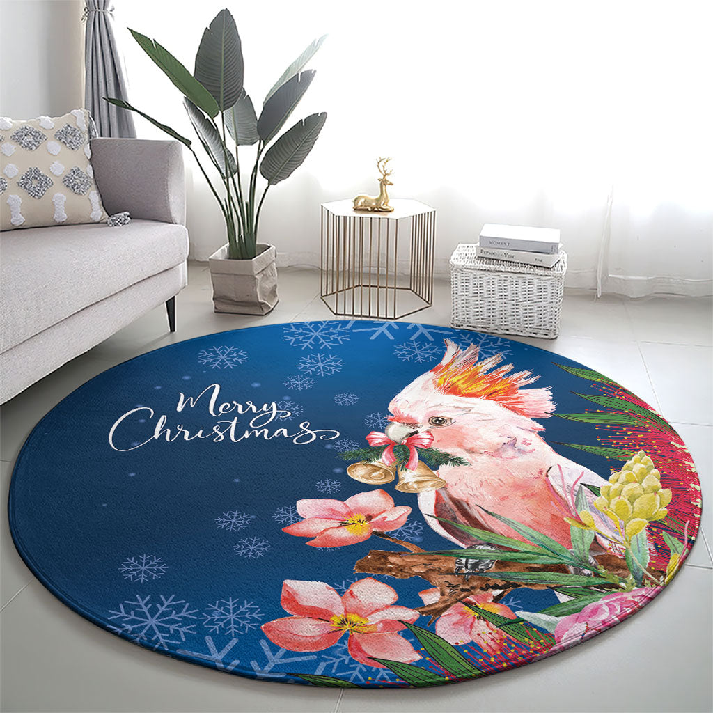 Australia Christmas Pink Cockatoo with Banksia Round Carpet Snowy Blue