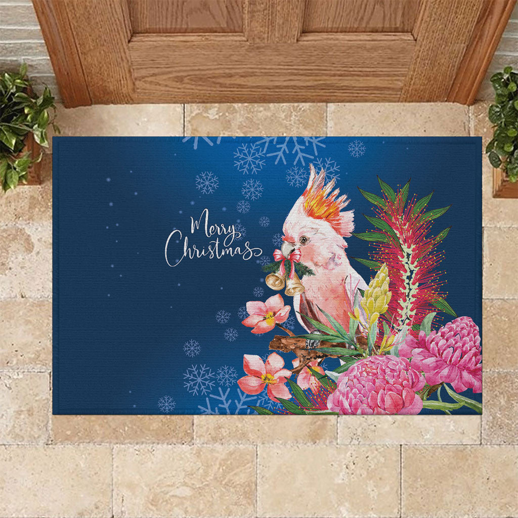 Australia Christmas Pink Cockatoo with Banksia Rubber Doormat Snowy Blue