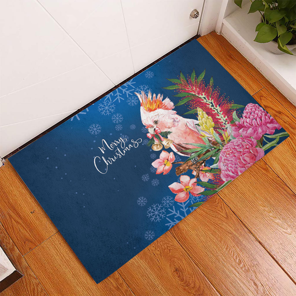Australia Christmas Pink Cockatoo with Banksia Rubber Doormat Snowy Blue