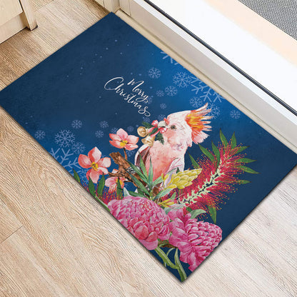 Australia Christmas Pink Cockatoo with Banksia Rubber Doormat Snowy Blue