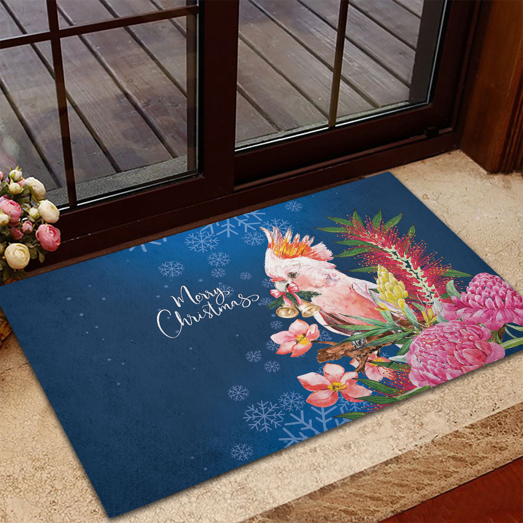 Australia Christmas Pink Cockatoo with Banksia Rubber Doormat Snowy Blue