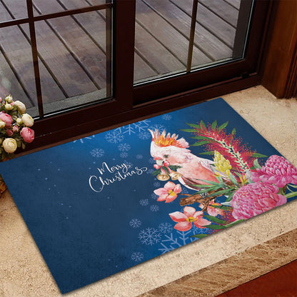 Australia Christmas Pink Cockatoo with Banksia Rubber Doormat Snowy Blue