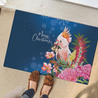 Australia Christmas Pink Cockatoo with Banksia Rubber Doormat Snowy Blue