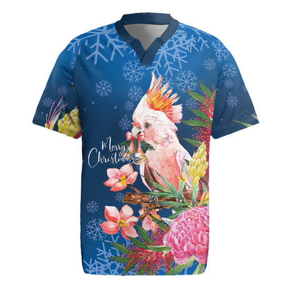 Australia Christmas Pink Cockatoo with Banksia Rugby Jersey Snowy Blue