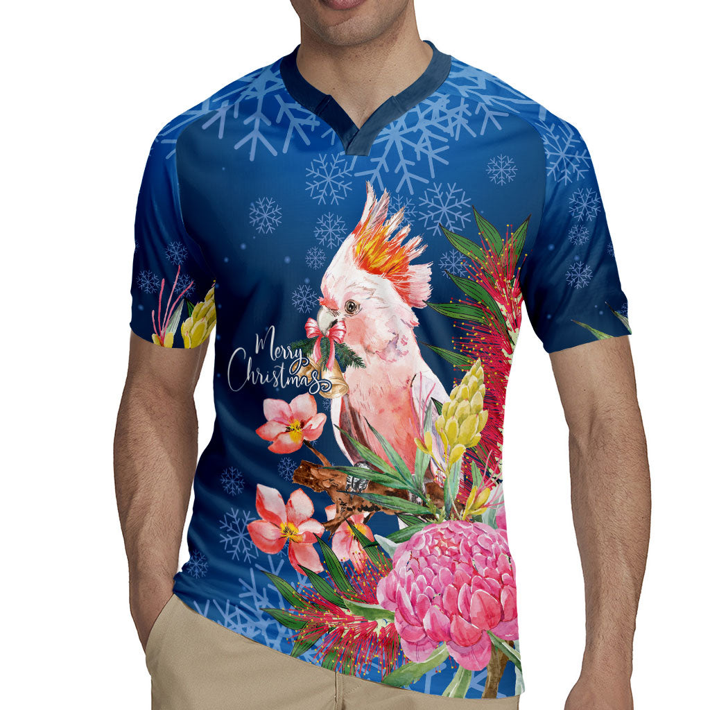 Australia Christmas Pink Cockatoo with Banksia Rugby Jersey Snowy Blue