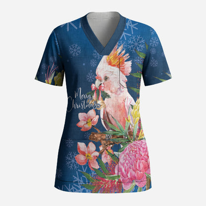Australia Christmas Pink Cockatoo with Banksia Scrub Top Snowy Blue