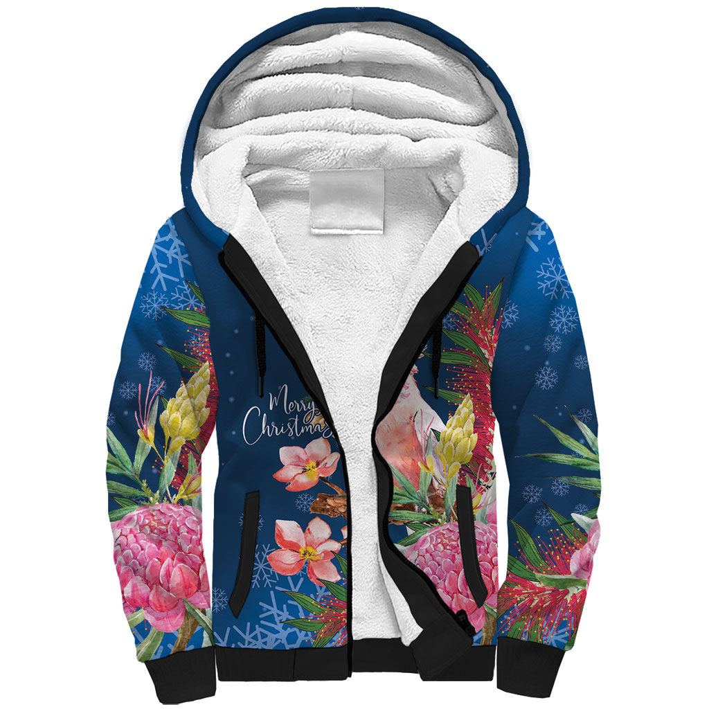 Australia Christmas Pink Cockatoo with Banksia Sherpa Hoodie Snowy Blue