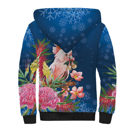 Australia Christmas Pink Cockatoo with Banksia Sherpa Hoodie Snowy Blue