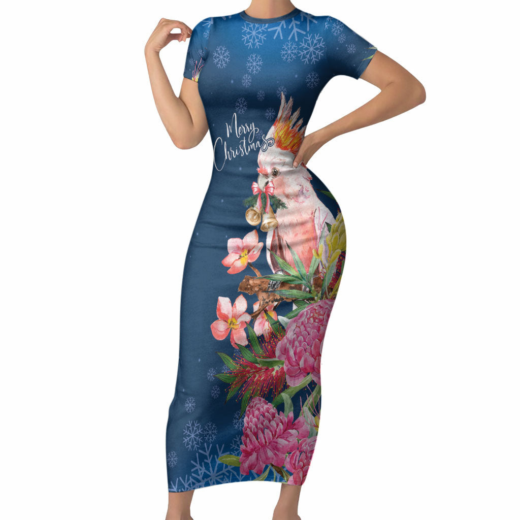 Australia Christmas Pink Cockatoo with Banksia Short Sleeve Bodycon Dress Snowy Blue