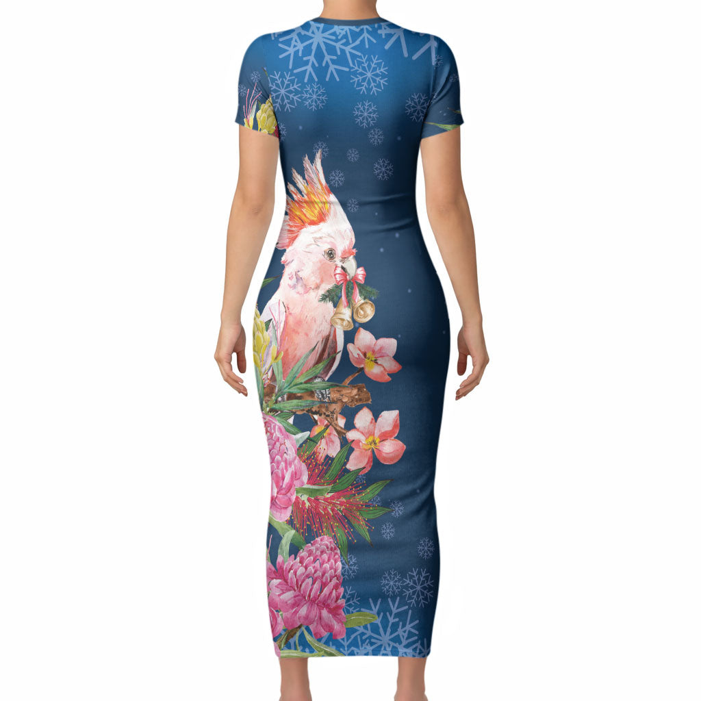 Australia Christmas Pink Cockatoo with Banksia Short Sleeve Bodycon Dress Snowy Blue