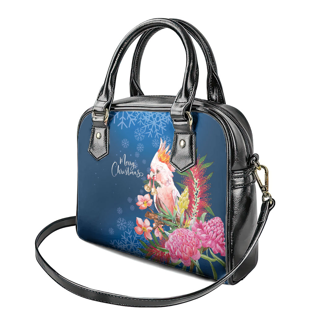 Australia Christmas Pink Cockatoo with Banksia Shoulder Handbag Snowy Blue