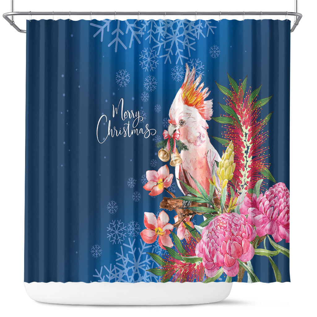Australia Christmas Pink Cockatoo with Banksia Shower Curtain Snowy Blue