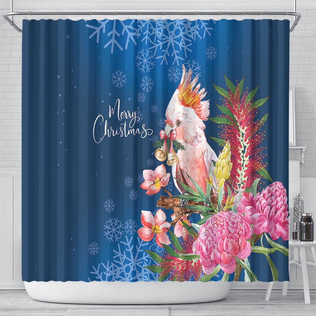 Australia Christmas Pink Cockatoo with Banksia Shower Curtain Snowy Blue