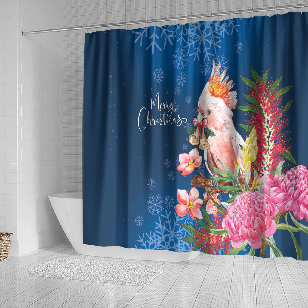 Australia Christmas Pink Cockatoo with Banksia Shower Curtain Snowy Blue