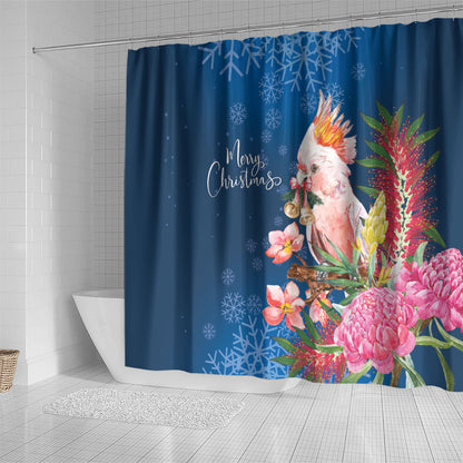 Australia Christmas Pink Cockatoo with Banksia Shower Curtain Snowy Blue