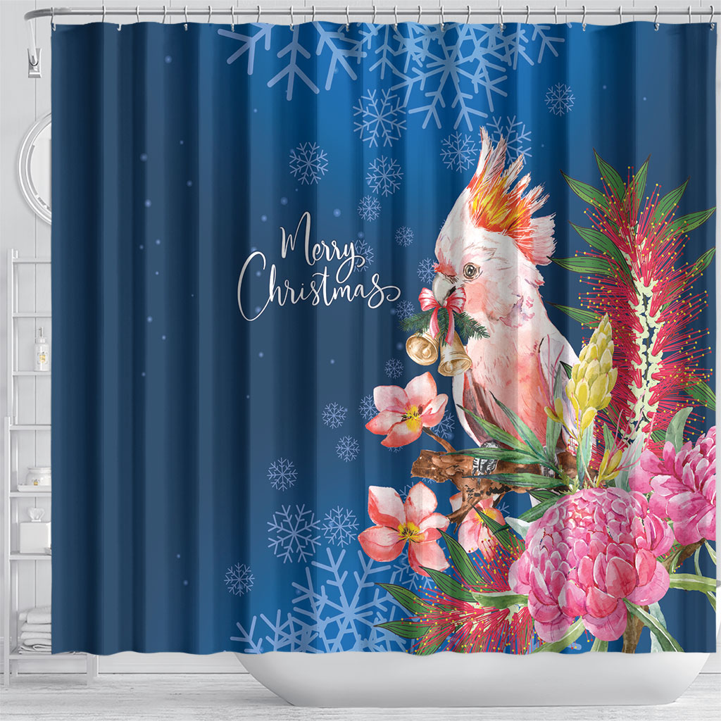 Australia Christmas Pink Cockatoo with Banksia Shower Curtain Snowy Blue