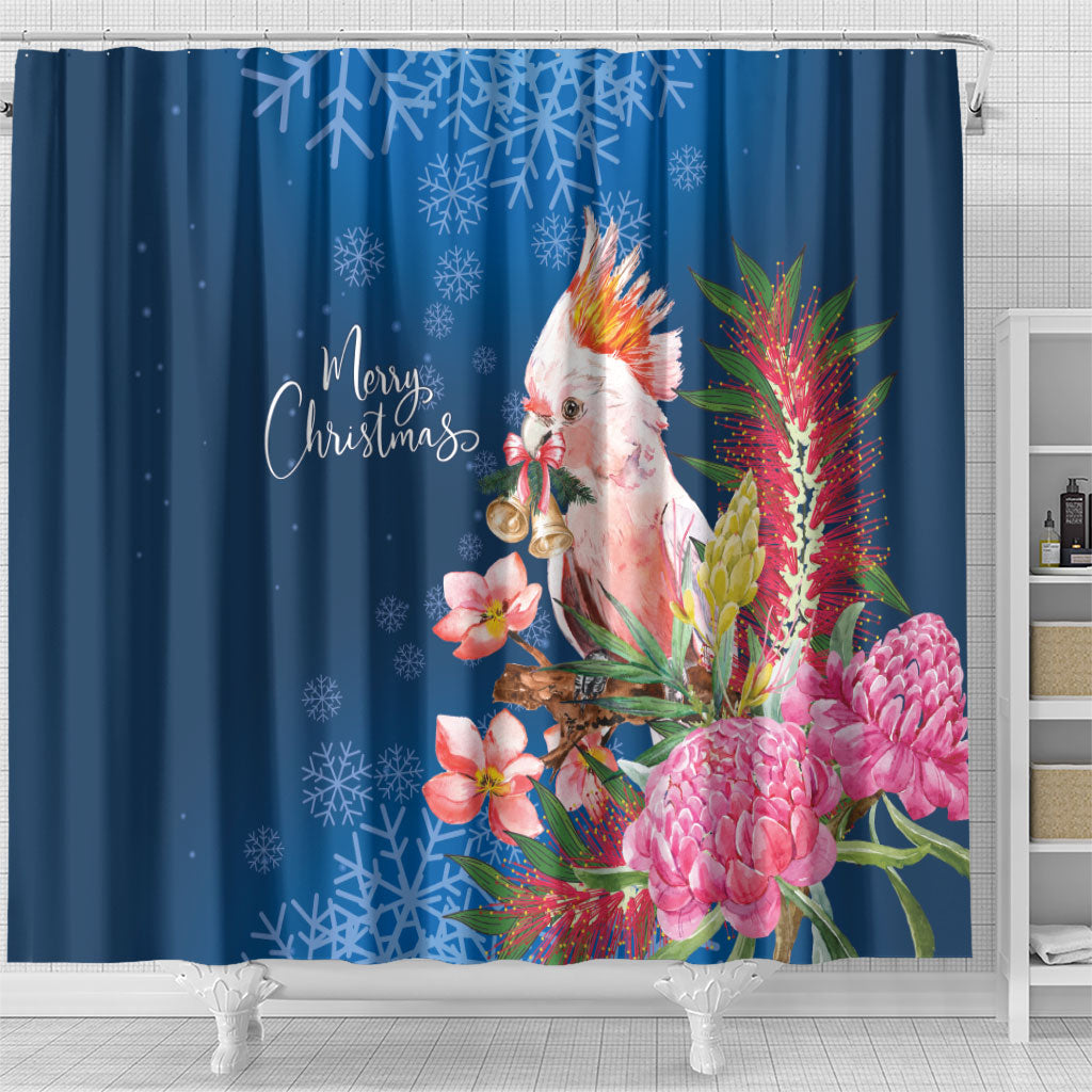 Australia Christmas Pink Cockatoo with Banksia Shower Curtain Snowy Blue