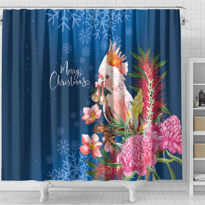 Australia Christmas Pink Cockatoo with Banksia Shower Curtain Snowy Blue