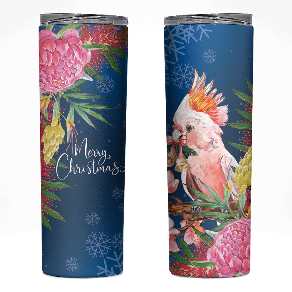 Australia Christmas Pink Cockatoo with Banksia Skinny Tumbler Snowy Blue