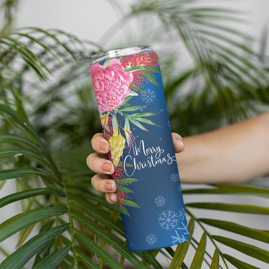 Australia Christmas Pink Cockatoo with Banksia Skinny Tumbler Snowy Blue