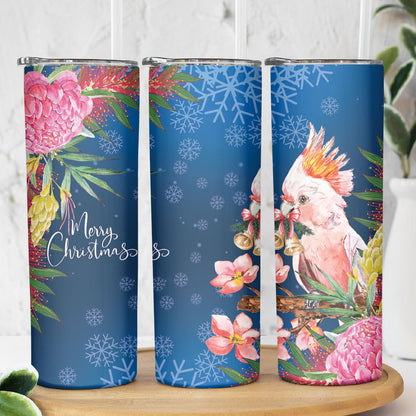 Australia Christmas Pink Cockatoo with Banksia Skinny Tumbler Snowy Blue