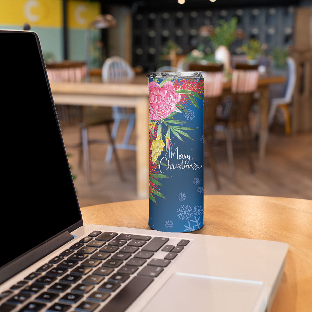 Australia Christmas Pink Cockatoo with Banksia Skinny Tumbler Snowy Blue
