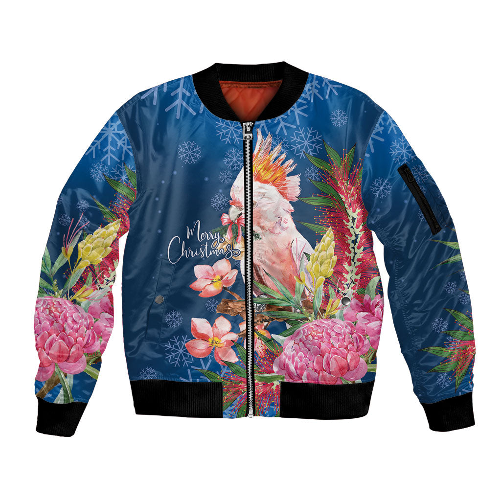 Australia Christmas Pink Cockatoo with Banksia Sleeve Zip Bomber Jacket Snowy Blue