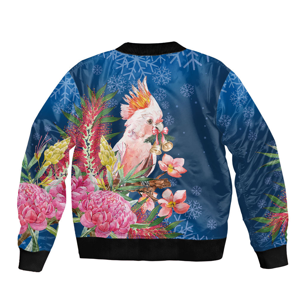 Australia Christmas Pink Cockatoo with Banksia Sleeve Zip Bomber Jacket Snowy Blue