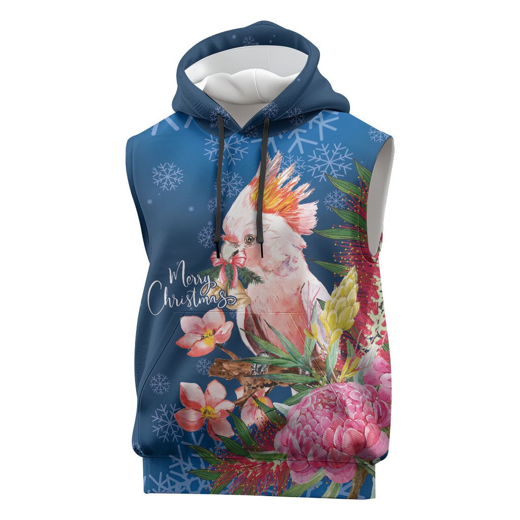 Australia Christmas Pink Cockatoo with Banksia Sleeveless Hoodie Snowy Blue