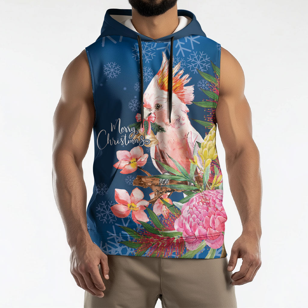 Australia Christmas Pink Cockatoo with Banksia Sleeveless Hoodie Snowy Blue